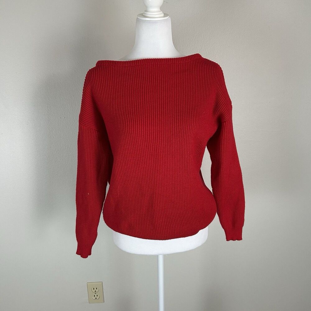 Red Fisherman Boat Neck Sweater Chunky Knit Red Size M Rib Preppy Quiet Luxury